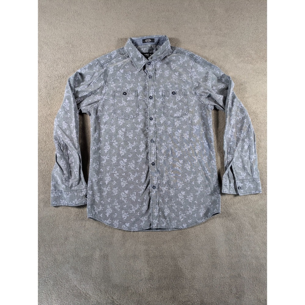 Eighty Eight Platinum Shirt Mens L‎ Gray Floral Cotton Roll Tab Sleeve Button Up